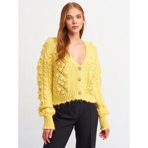 Dilvin Knit Bobble Yellow Cable Knit Jewel Buttons Scalloped Hem Cardigan M